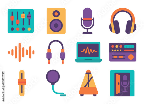 Music studio neon icon set. featuring microphone, headphones, speaker, equalizer, and sound wave symbols.