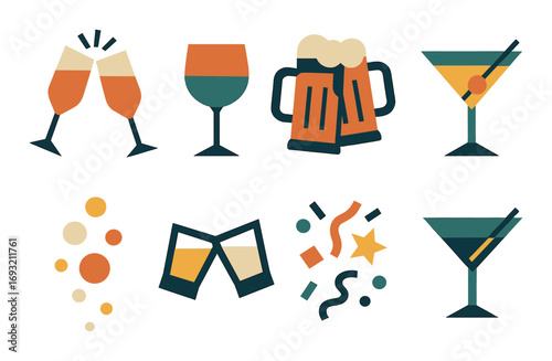 Party and celebration flat icon set. featuring cheers, wine, beer, cocktail, bubbles, toast, confetti.