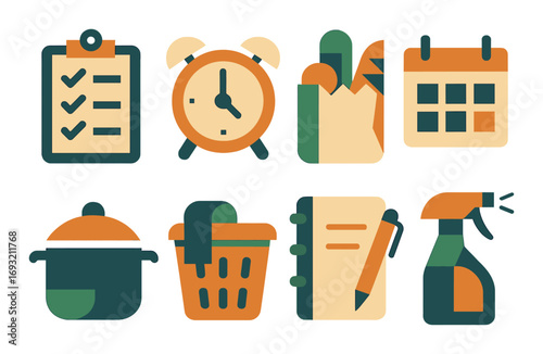 Home essentials flat icons set. featuring checklist, alarm clock, groceries, calendar, pot, laundry, notebook, spray bottle.