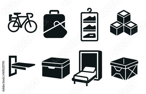 Travel and storage silhouette icon set. featuring bicycle, suitcase, wardrobe, boxes, shelf, trunk, bed, storage.