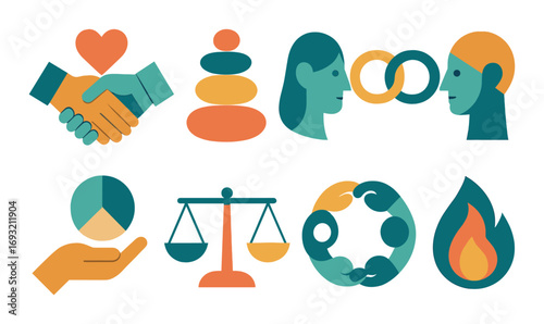 Human connection flat icon set. featuring handshake, meditation, conversation, infinity, balance, cycle, and flame symbols.