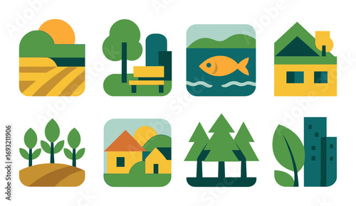 Nature and urban landscape flat icon set. featuring countryside, park, fish, home, forest, trees, and city symbols.