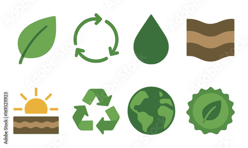 Environmental silhouette icon set. featuring leaf, recycle, water, sun, earth, and eco symbols.