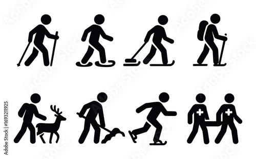Hiking and adventure silhouette icon set. featuring hiking, skiing, backpacking, deer tracking, and rescue symbols.