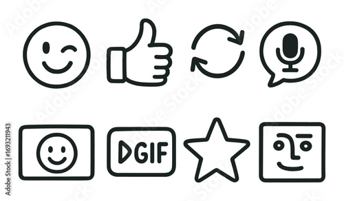 Communication linear icon set. featuring smiley, thumbs-up, refresh, microphone, dgif, star, and face symbols.