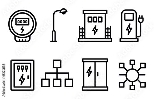 Energy infrastructure linear icon set. featuring meter, lamp, substation, gas pump, generator, network, panel, grid symbols.