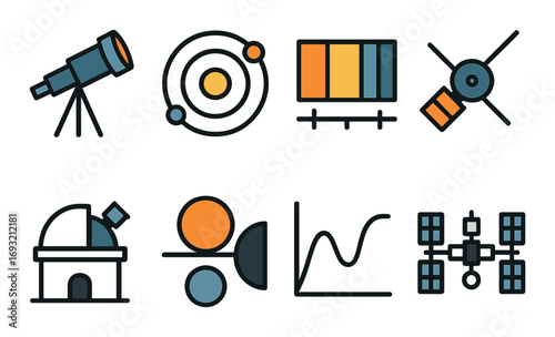 Astronomy flat icon set. featuring telescope, solar system, chart, satellite, observatory, orbits, graph, space station.