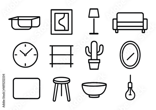 Home decor linear icon set. featuring bathtub, painting, lamp, sofa, clock, towel rack, cactus, mirror, mat, stool, bowl, bulb.
