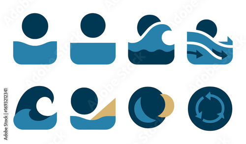 Weather conditions flat icon set. featuring sun, cloud, waves, wind, crescent, cycle.