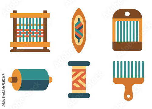 Textile tools flat icon set. featuring loom, spindle, heddle, roller, thread spool, comb symbols.