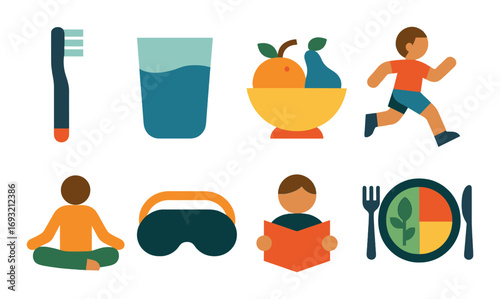 Healthy lifestyle flat icon set. featuring toothbrush, water, fruit, running, meditation, sleep, reading, dining.