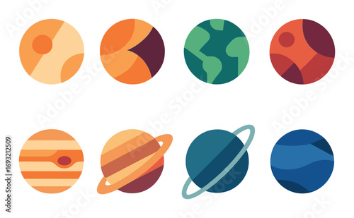 Space planets flat icon set. featuring mercury, venus, earth, mars, jupiter, saturn, uranus, neptune.