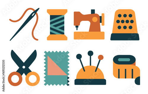 Sewing tools flat icon set. featuring needle, thread, sewing machine, thimble, scissors, fabric, pincushion, tape measure.