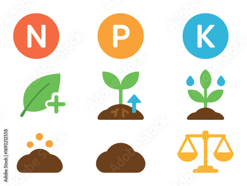 Gardening silhouette icon set. featuring nutrient symbols npk, plant growth, soil balance, and watering..