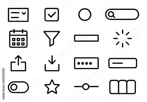 Ui linear icons set. featuring checkmark, search bar, calendar, upload, download, filter, and settings.