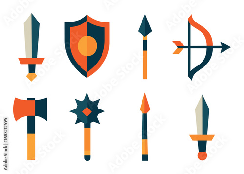 Medieval weapons flat icons set. featuring sword, shield, spear, bow, axe, mace, and dagger.