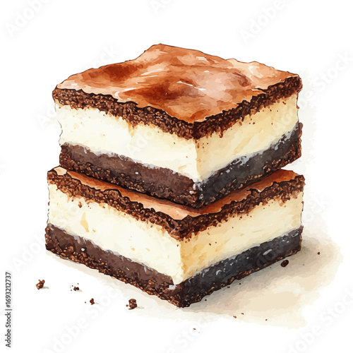 Cheesecake Brownie, watercolor illustration vector, isolated on a white background.
