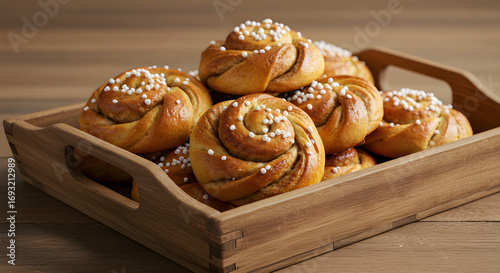 Finnish korvapuusti cinnamon buns with sugar topping, styled on tray in warm bakery atmosphere