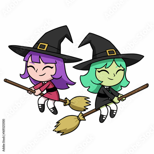 Two cute cartoon witches flying on brooms, ready for Halloween fun
