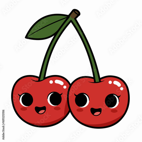 Cute cartoon cherries smiling together with happy faces and green leaf
