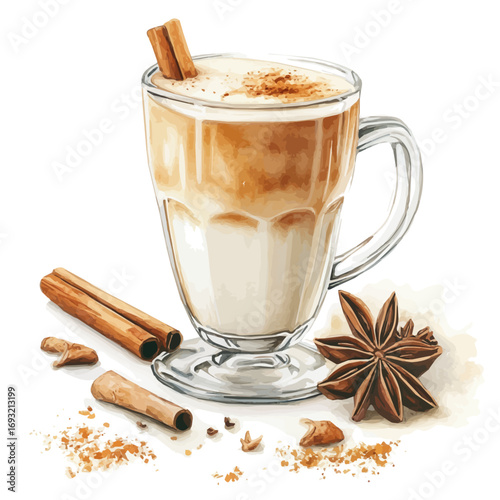 Chai Latte, watercolor illustration vector, isolated on a white background.