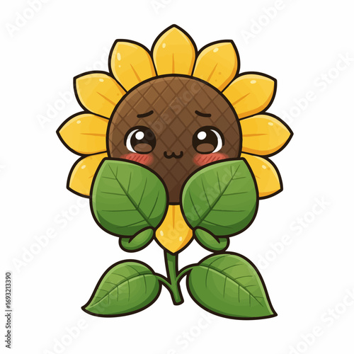 Shy kawaii sunflower peeking with blushing cheeks and big eyes