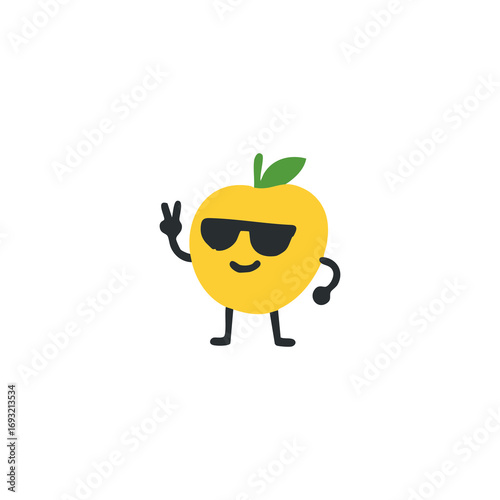 A stylized, cartoonish yellow fruit character wearing sunglasses and giving a peace sign