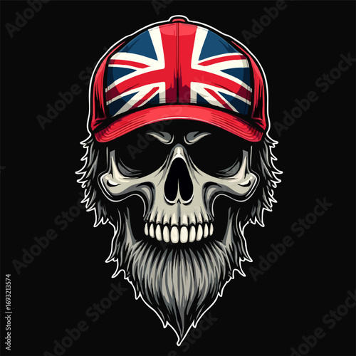 Vector t-shirt design. Human skull
with United Kingdom flag baseball cap on black background.
Fashionable england print for fabric, paper, men clothing, hoodie, jacket. British t shirt template.
