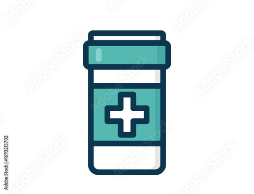Icon of a prescription pill bottle with a teal label featuring a white medical cross. The bottle symbolizing medication and pharmacy use.