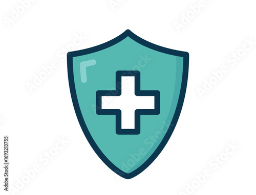 A teal shield icon with a white medical cross in the center, outlined in dark blue. Symbolizing healthcare protection and safety.