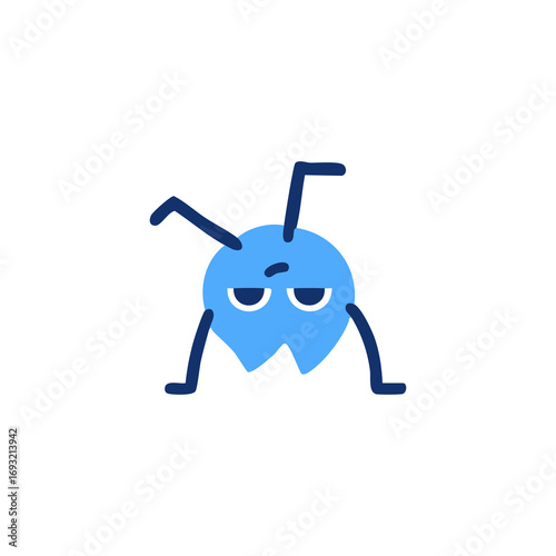 A light-blue, cartoon-style creature with simple, dark-blue limbs and a bored expression