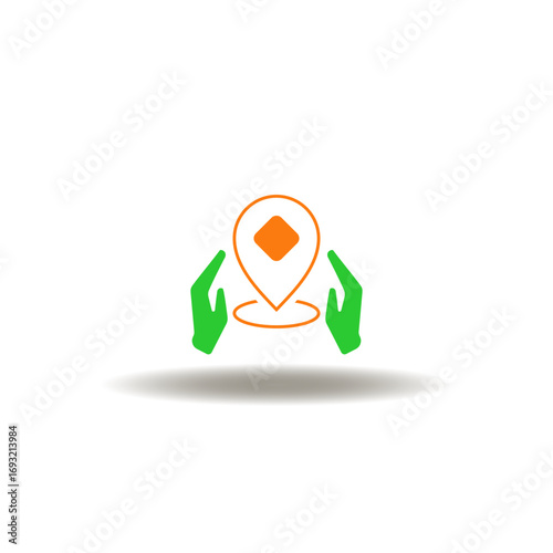 Vector illustration of location map pointer and hands. Symbol of address. Icon of tracking service, navigation.