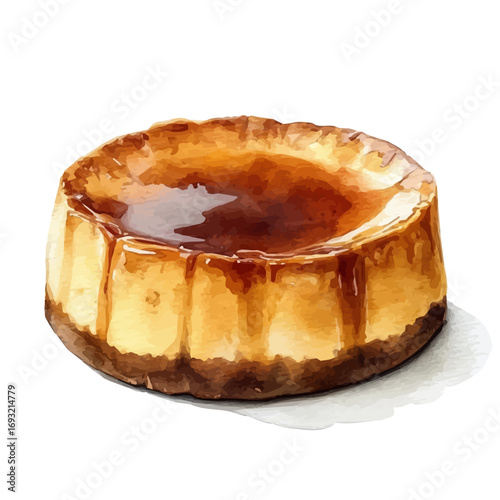Caramel Flan, watercolor vector, isolated on a white background.