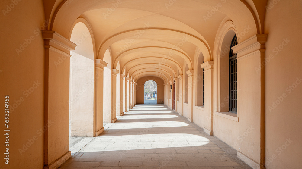 Obraz premium Arched corridor with symmetry perspective in orange historic building