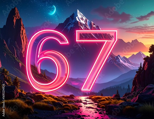 Neon number 67 in a landscape painting