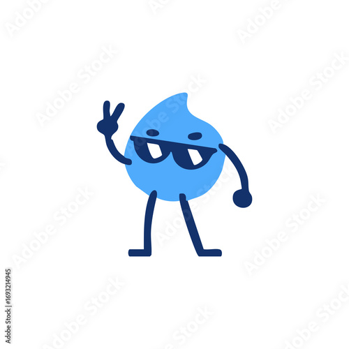 Cute blue water droplet character with sunglasses, giving a peace sign