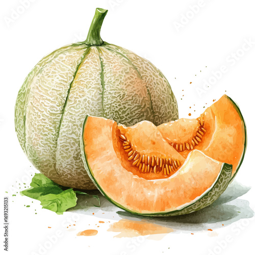 watercolor vector of Cantaloupe, isolated on a white background.
