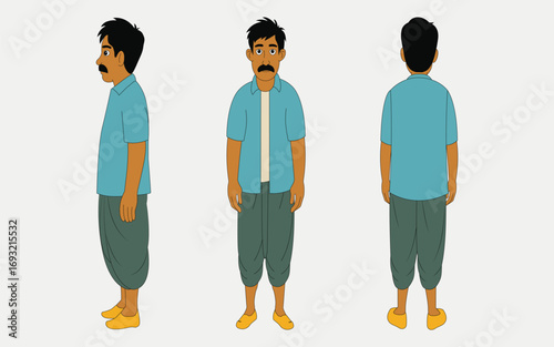 Indian village man cartoon character design for 2d animation video