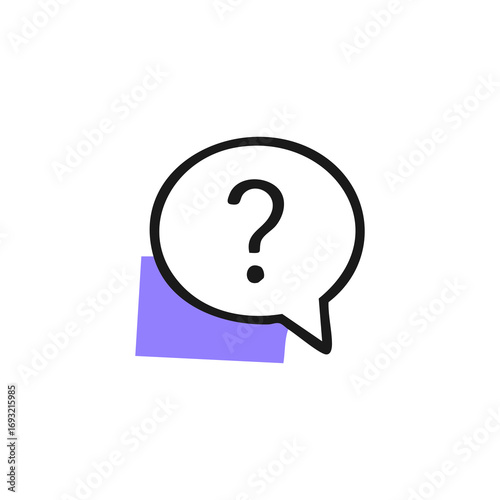 A simple, black outline speech bubble with a question mark inside. A muted purple rectangle is behind and partially overlapping the bubble