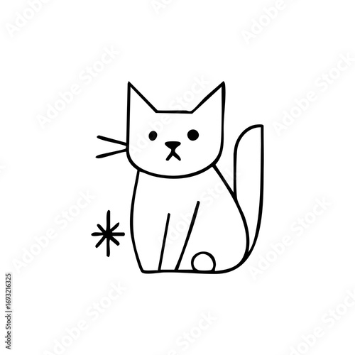 Simple black line drawing of a seated cat with a snowflake