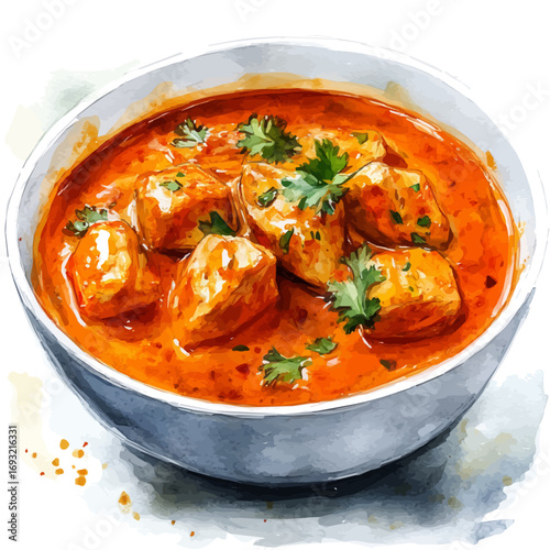 Butter Chicken, watercolor illustration vector, isolated on a white background.