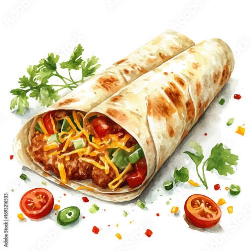 Burrito, watercolor vector, isolated on a white background.