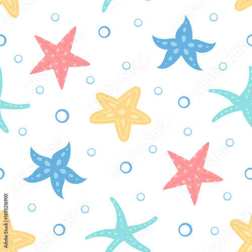 Seamless flat pattern of cartoon starfish. Oceanic theme with aquatic marine elements in underwater scene. Summer sea background with decorative marine shapes and playful style.