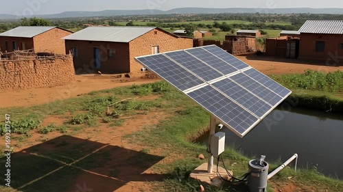 Solar Panels Powering Irrigation Pump Near Mud Brick Buildings Under a Clear Sky in a Rural African Landscape with Fields and Distant Hills