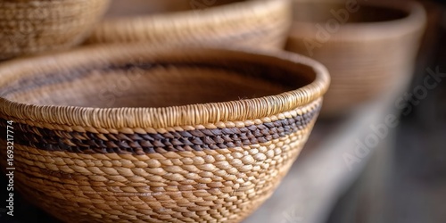 Woven baskets in close-up, displaying detailed craftsmanship and natural textures