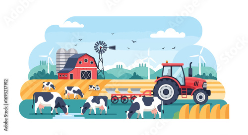 Flat style illustration of a dairy farm with cows grazing, a red barn, tractor, silos, wind turbines, and fields, symbolizing sustainable farming, renewable energy, and rural agriculture