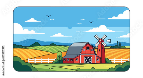 Flat style illustration of a red barn with a windmill, golden fields, mountains, and a bright sky, representing traditional farming, rural countryside, and sustainable agriculture