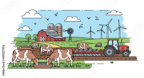 Flat style illustration of a dairy farm with cows grazing, a red barn, tractor, silos, wind turbines, and fields, symbolizing sustainable farming, renewable energy, and rural agriculture