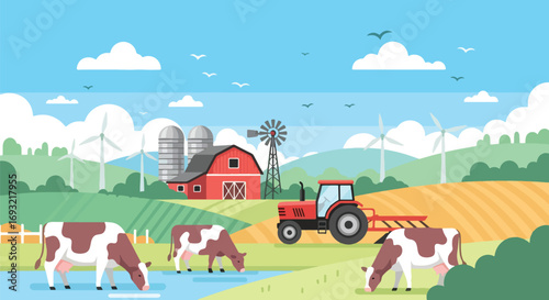 Flat style illustration of a dairy farm with cows grazing, a red barn, tractor, silos, wind turbines, and fields, symbolizing sustainable farming, renewable energy, and rural agriculture