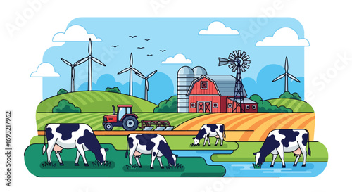 Flat style illustration of a dairy farm with cows grazing, a red barn, tractor, silos, wind turbines, and fields, symbolizing sustainable farming, renewable energy, and rural agriculture
